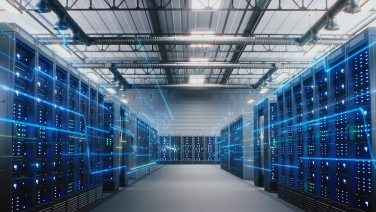Modern Data Technology Center with Server Racks in Big Storage with VFX Animation. Animated Visualization of Data Flow, Internet Traffic on Servers.