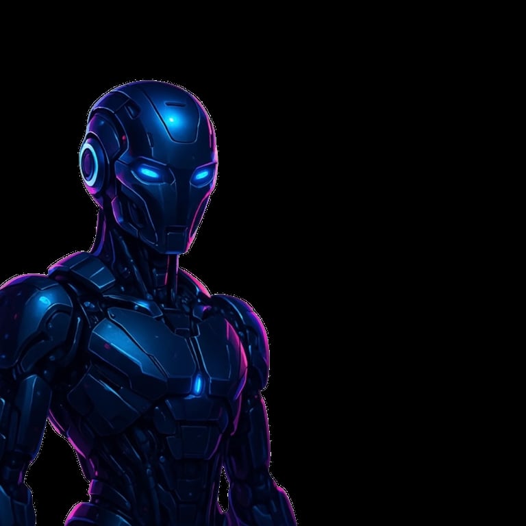 A sleek, futuristic android or cyborg figure with a metallic blue and purple glowing body, humanoid design, against a black background