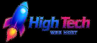 High Tech Web Host logo featuring a colorful blue and pink rocket ship with glowing flames