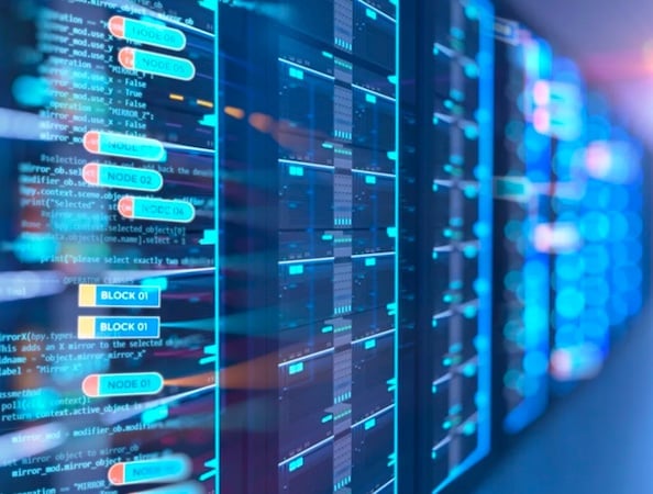 Digital visualization of blockchain blocks and data flow on computer screens showing network architecture and code