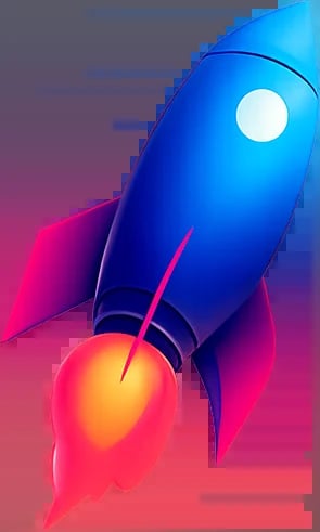 Blue rocket with glowing window launching with orange and pink flame against purple gradient background