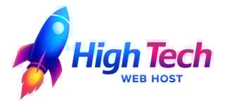 High Tech Web Host logo featuring a blue and purple rocket with flame, ascending upward