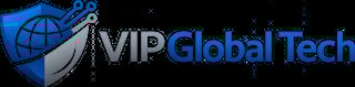 VIP Global Tech logo featuring a blue globe shield with circuit board elements and company name in blue and gray text